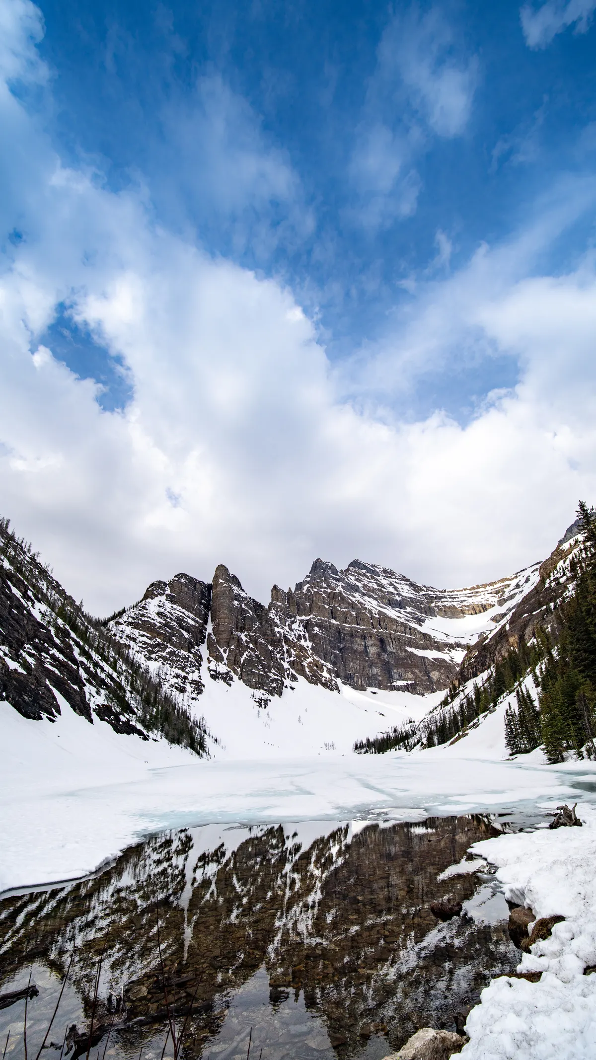 Portrait shot of frozen lake agnes