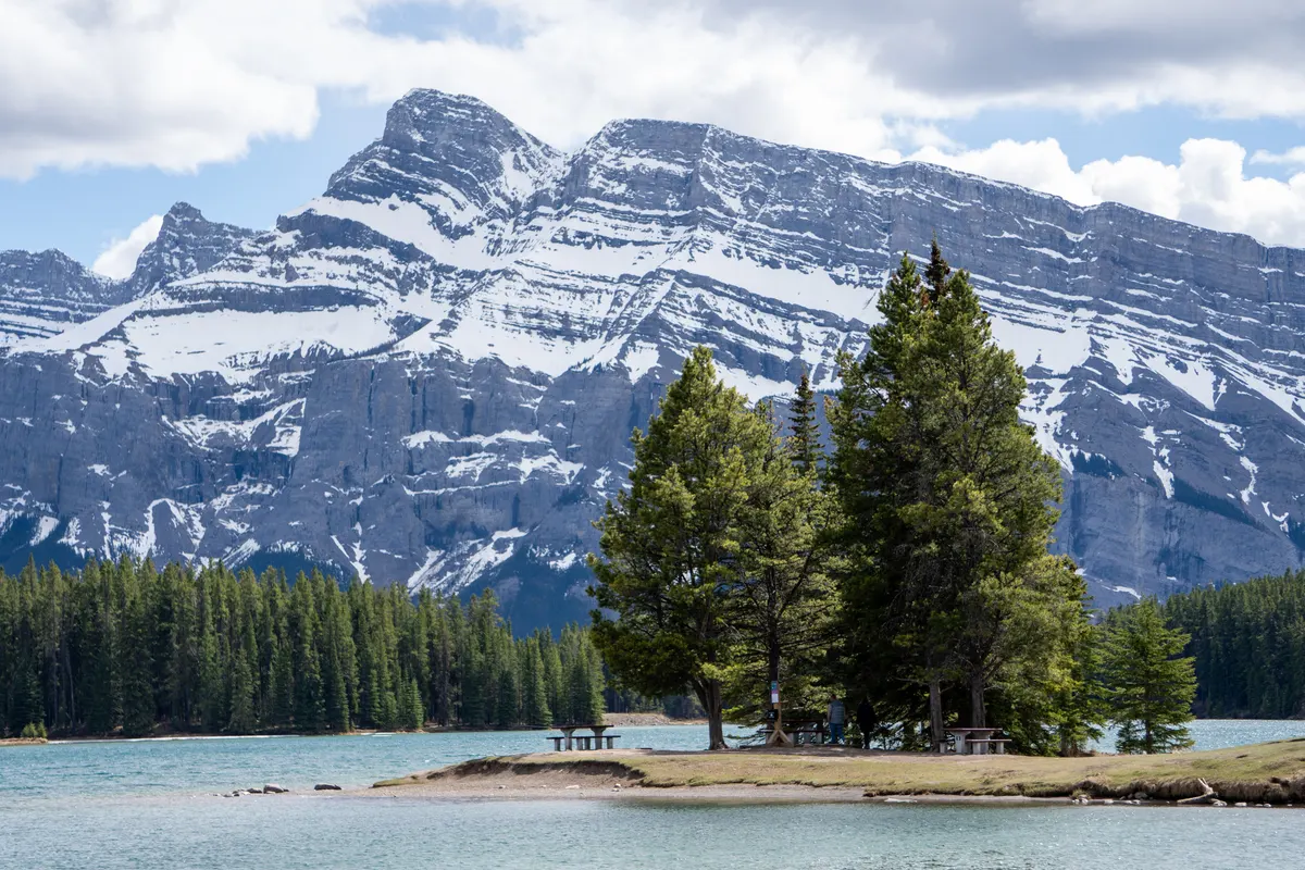 A landscape photograph of a bright blue alpine lake with a small grassy point in the foreground featuring a few picnic tables tucked under a cluster of tall pine trees. In the background, the massive, snow-streaked rock face of Mount Rundle towers over a dense green forest line under a partly cloudy sky.
